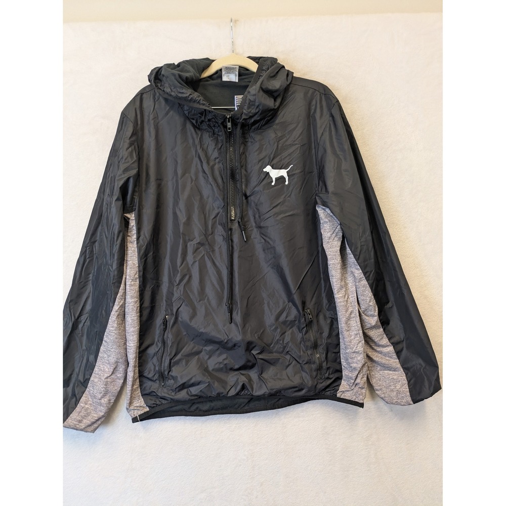 PINK Victoria's Secret Black Windbreaker Jacket with Heather Gray Panels